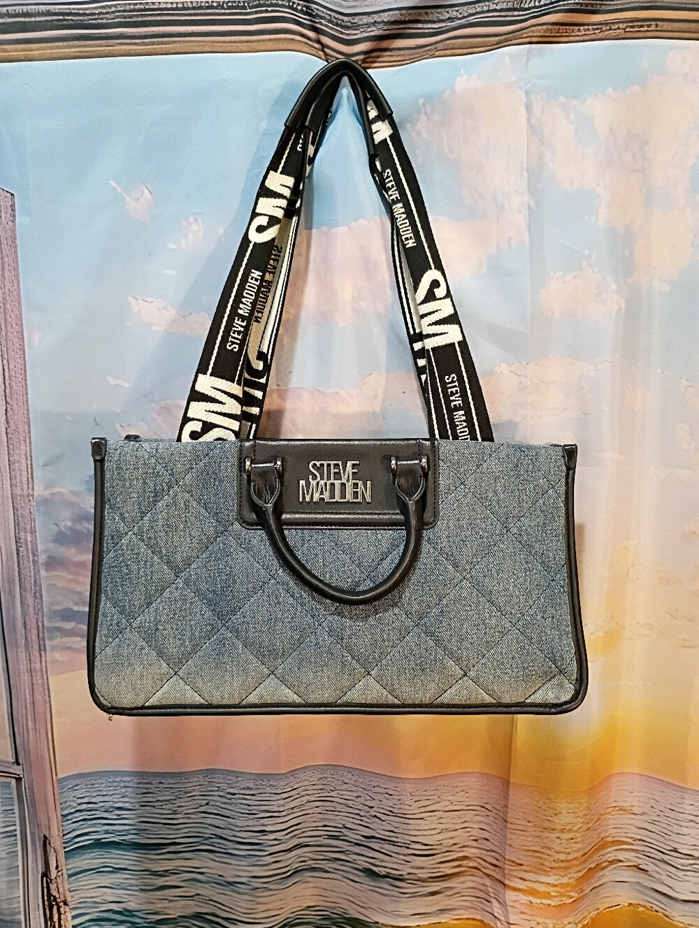 Steve Madden Quilted Denim Tote in Blue with Logo Strap